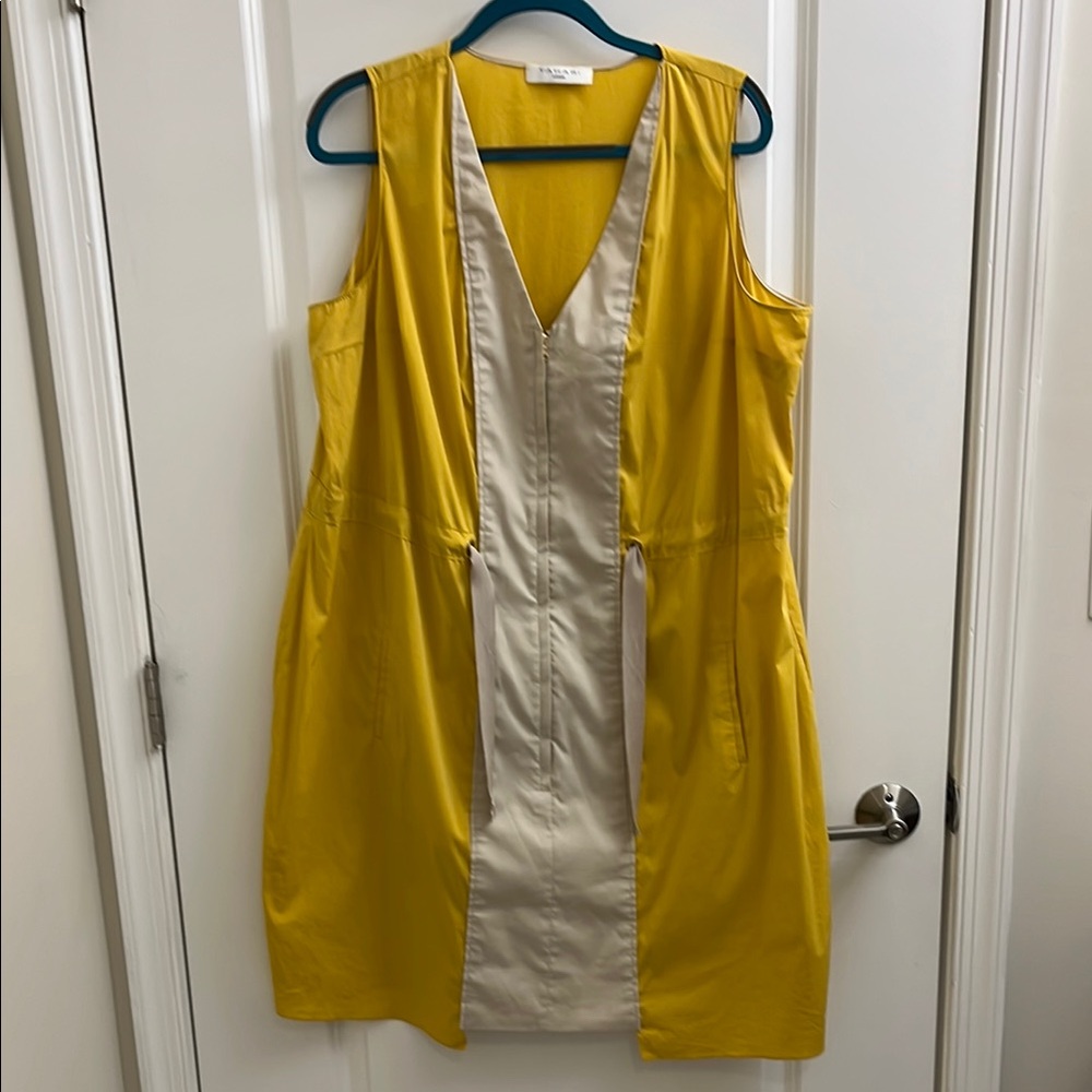 Tahari Yellow and Cream V-Neck Sheath Midi Dress